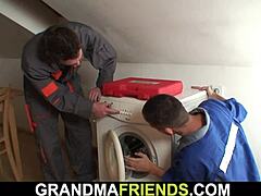 Busty step grandma gets pounded by two repairmen
