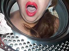 Depraved housewife submits to BDSM domination in laundry machine