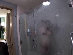 A horny European chick giving a blowjob in the shower