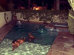 Black queen enjoys poolside ass play and deepthroat blowjob