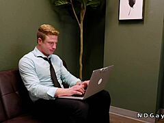 Muscular gay co-workers have steamy office romp